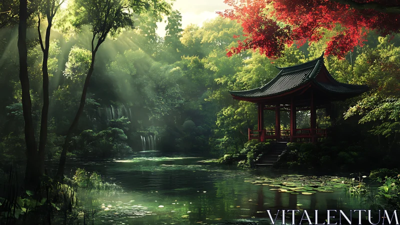 Red lakeside pavilion stands beside forest pond under sunlight