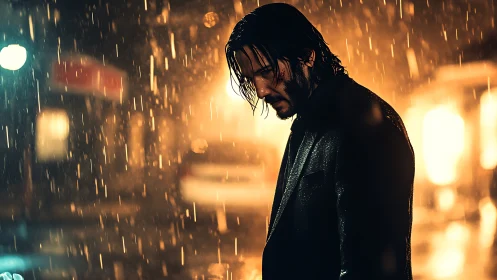 Brooding man in neon city rain glows against blurred lights.