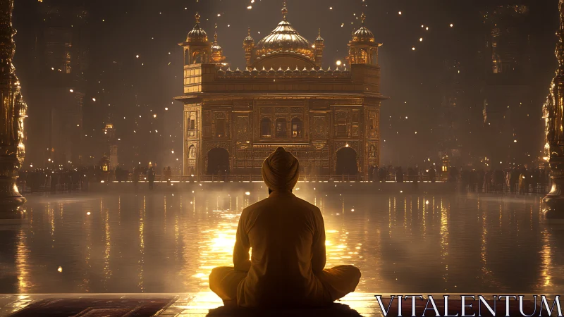 Golden temple reflection with meditating figure at night.