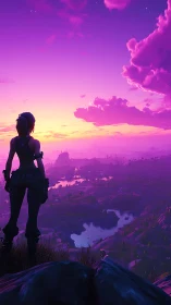 Digital painting sunset vista with silhouetted lone explorer.