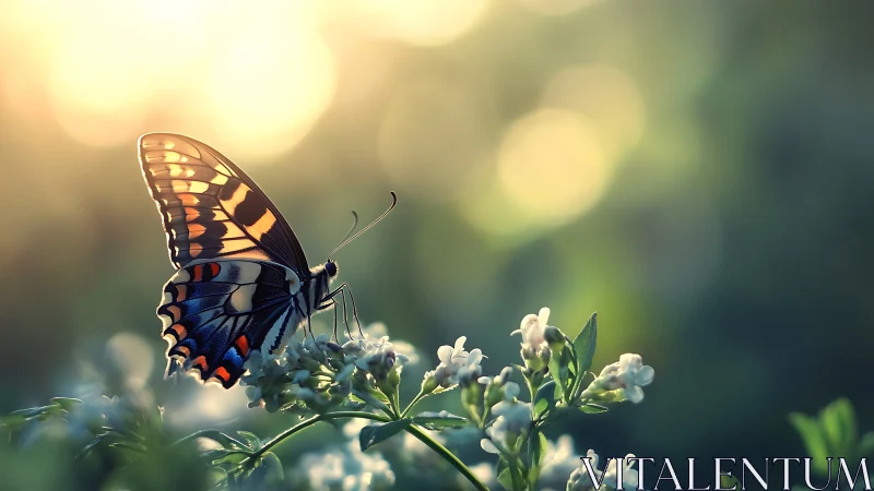 Butterfly rests on sunlit blossoms in dreamy bokeh glow.