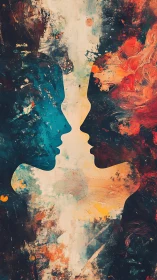 Silhouetted profiles face each other within textured color fields