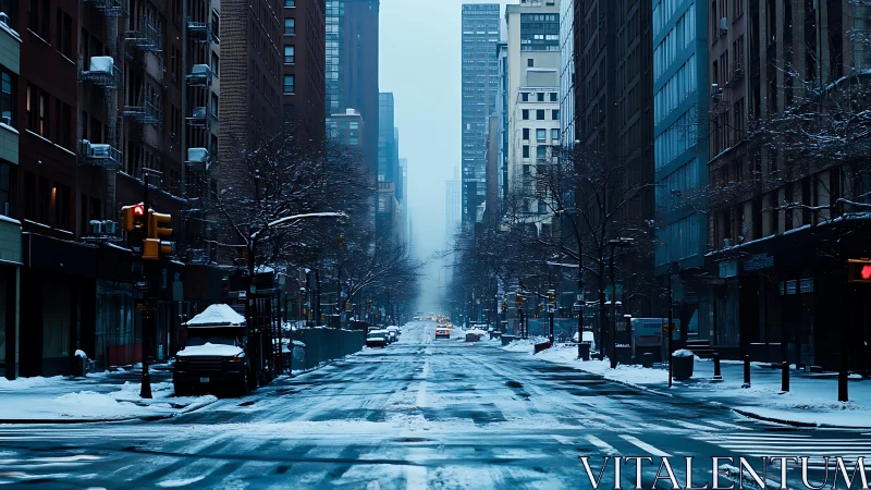 Quiet winter avenue stretches through a snow-dimmed cityscape
