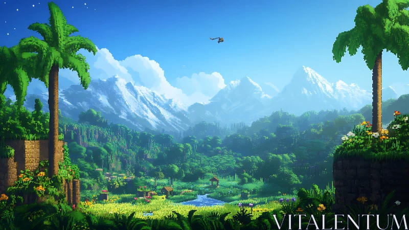 Lush voxel valley beneath snowcapped mountain range panorama.