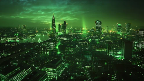 Neon green London skyline rendered as cinematic cyber grid
