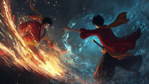 Dual elemental warriors in dynamic fire and water clash.