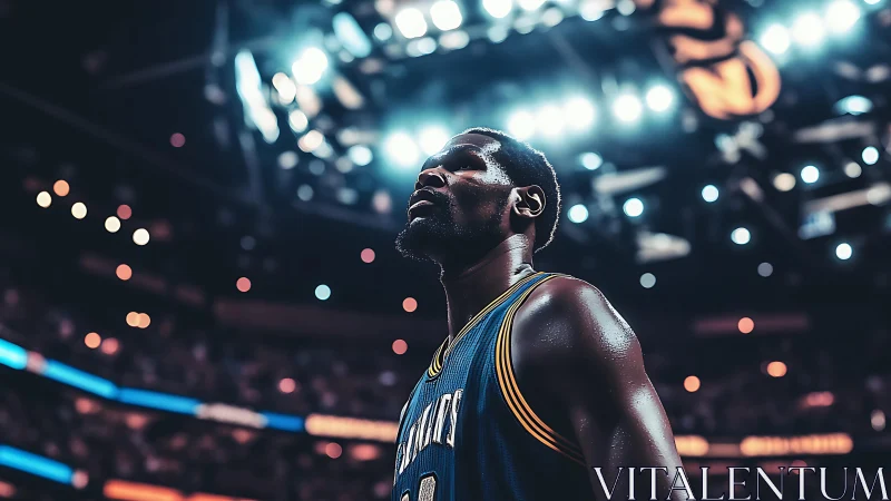 Basketball player under arena lights during intense game.