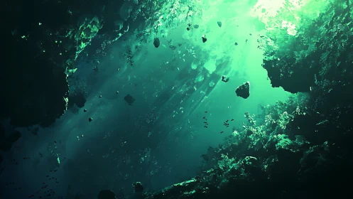 Dreamy underwater cavern bathed in glowing emerald light.
