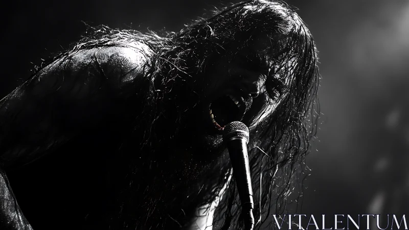 Vocalist in low-key lighting at microphone during performance.