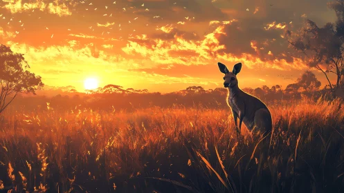 Golden kangaroo gazes across a glowing outback sunset.