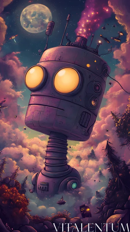 Giant floating robot head with luminous eyes in nebula sky