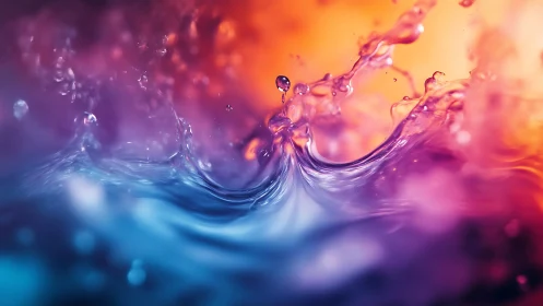 Macro fluid splash forms luminous waves under triadic color lighting