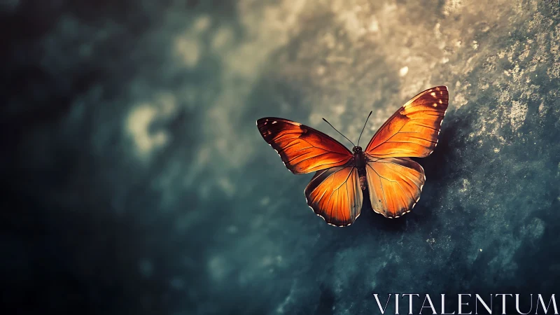 Orange butterfly rests in glowing contrast against cool stone