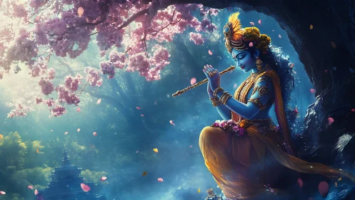 Divine blue figure playing flute under pink blossom tree.