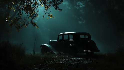 Misty forest lane welcomes a vintage car in soft moonlight
