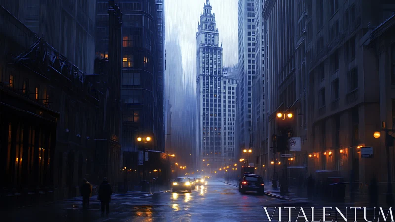 Rain-soaked towers hum while city headlights carve silver rivers