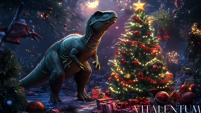 Joyful dinosaur pauses to admire a glowing Christmas tree