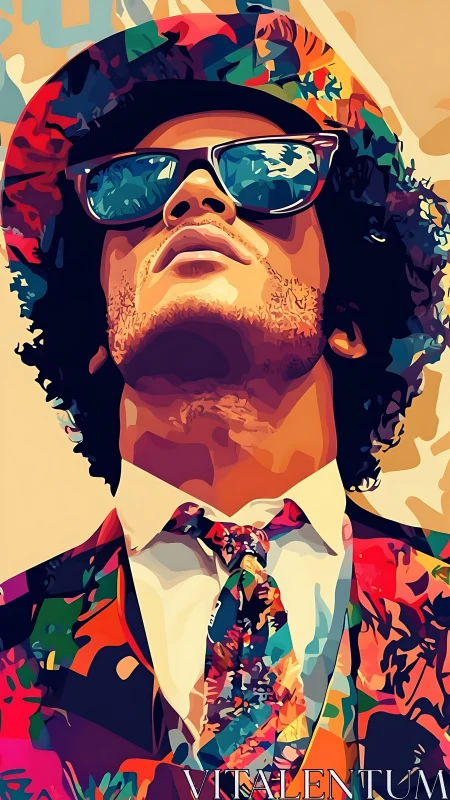 Colorful portrait of man in patterned suit and hat.