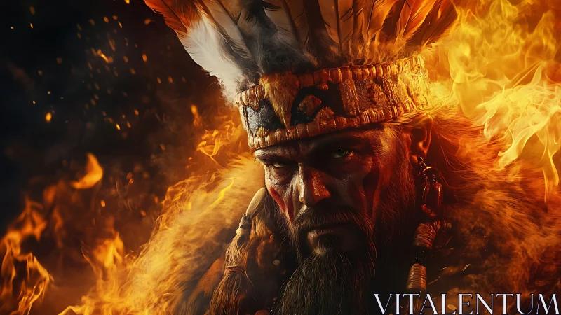 Portrait of feathered headdress figure amid dense flames.