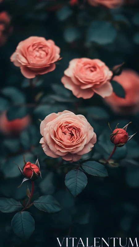 Coral Roses with Crimson Buds Against Deep Teal Foliage.