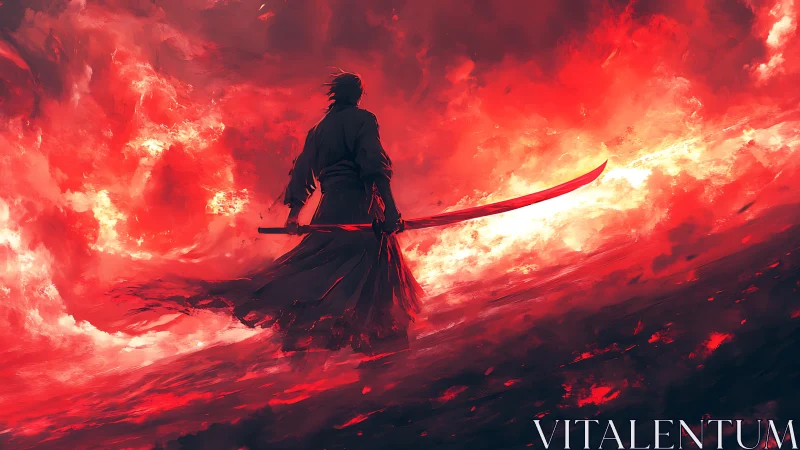 Samurai silhouette with sword against abstract red sky.
