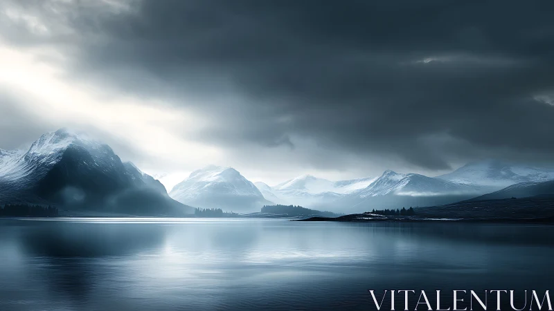 Soft winter light settles over calm snow capped mountains