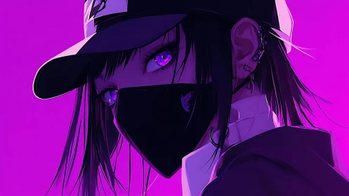 Neon-lit masked anime girl portrait in high-contrast violet tones