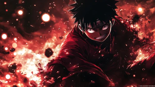 Fiery anime warrior charges forward through swirling embers
