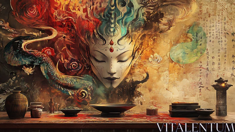 Dragon-breathed goddess over incense-lit altar dreamscape.