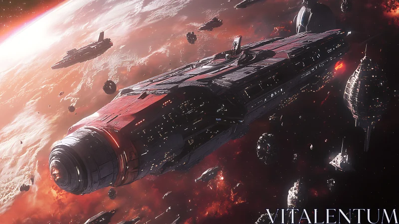 Massive red capital starship leads fleet through molten nebula