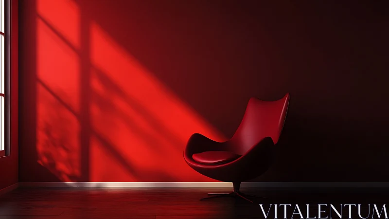 Directional sunlight sculpts red lounge chair in minimalist interior