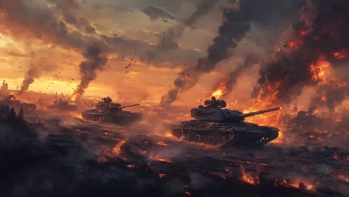 Armored columns crossing burning battlefield at dusk.