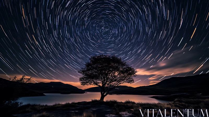 Spiraling night sky gently crowns a lone lakeside tree