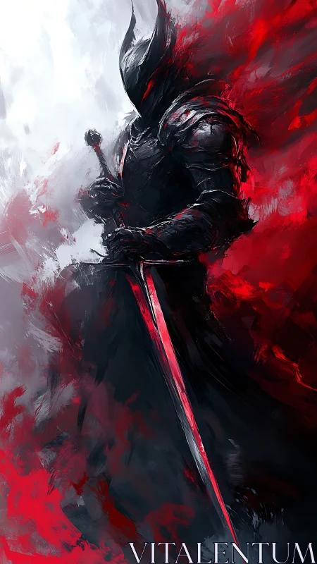 Armored swordsman silhouette in red and white abstraction.