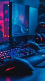Neon gaming setup glows softly in a cozy blue-lit room
