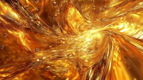 Abstract golden liquid swirl with glistening bubbles in digital art.