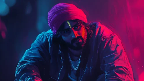 Neon-lit portrait of a thoughtful man in glowing colors.