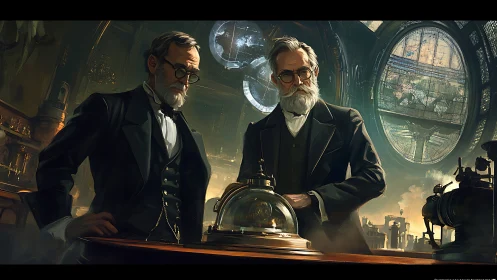 Two scientists in ornate observatory laboratory interior.