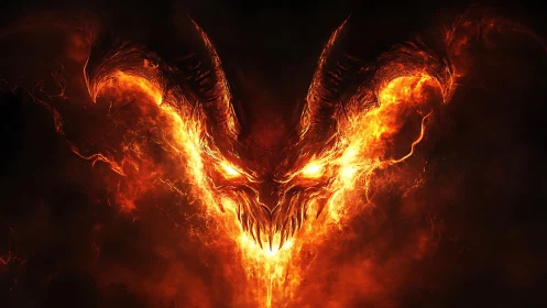 Volcanic demonic visage emerging from turbulent plasma fire.