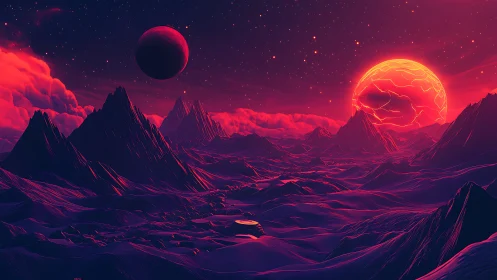 Twin alien suns melt neon mountains into liquid starlight