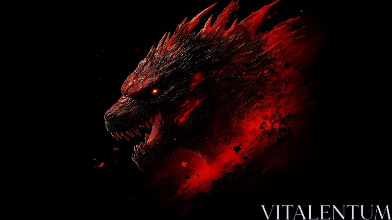 Fiery kaiju profile explodes from darkness in red fury.