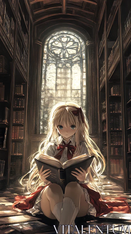 Girl reading book in tall library under stained glass window.