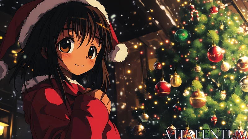 Girl in Santa hat stands beside illuminated Christmas tree