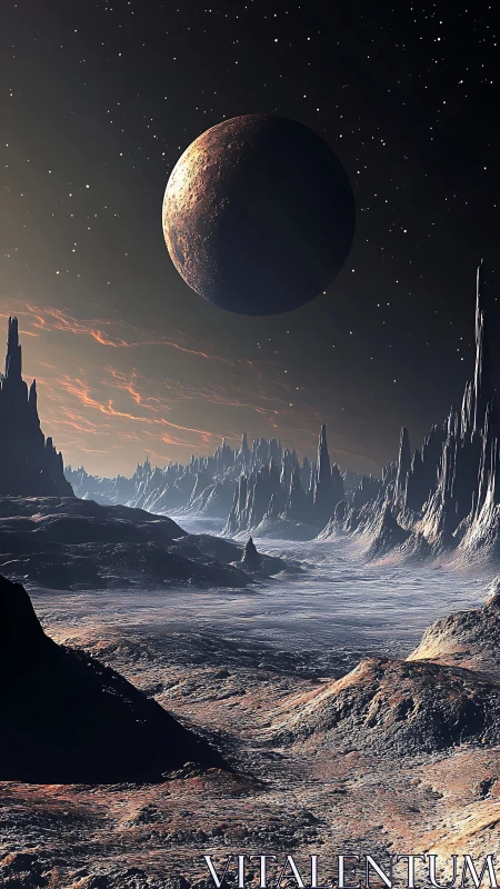 Lonely alien moon hangs above a vast jagged exoplanet