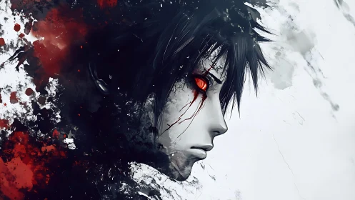 Profile view of monochrome anime face with red eye glow.