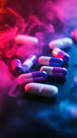 Neon capsules scattered in vivid pink and blue haze.