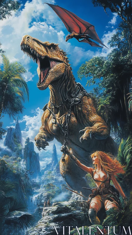 Fearless jungle warrior guiding her roaring dinosaur ally.