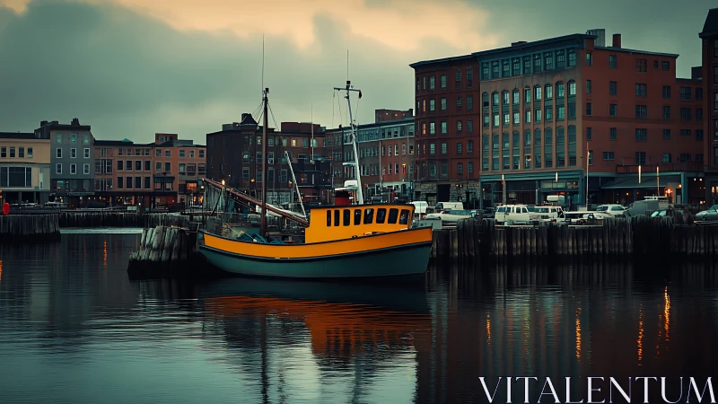 Yellow fishing boat rests quietly in a misty urban harbor.