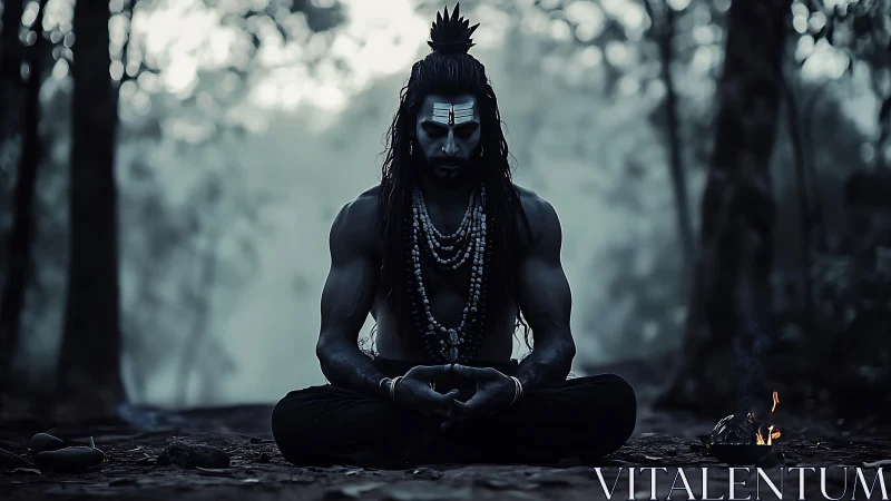 Mystic ascetic meditates in dark forest with ritual fire