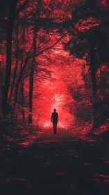 Wanderer in glowing red forest path of mystery and light.